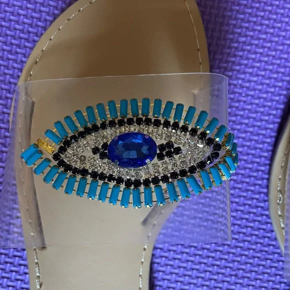 NWOT CLEAR Evil Eye Good Vibes Sequin Bead Sandals - Picture 4 of 4